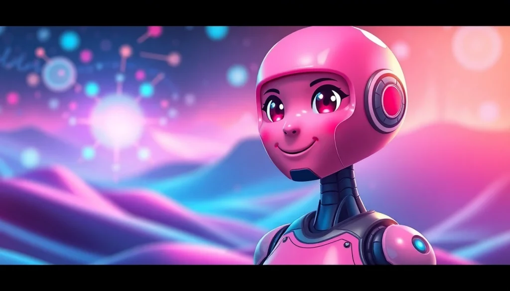 Engaging AI sex chat interaction with a lifelike chatbot character in a warm digital landscape.