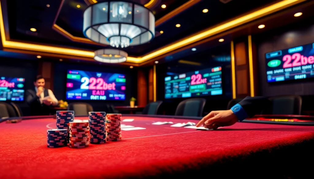 Engaging scene of a luxury casino with live dealer games on 22bet showcasing poker chips and roulette.