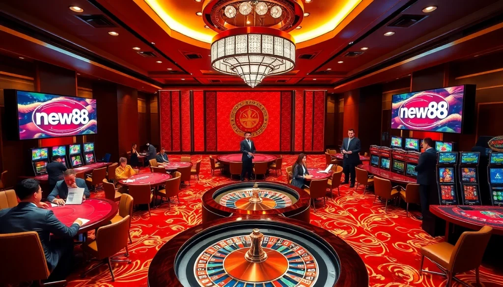 Experience the excitement at new88 with thrilling casino tables, vibrant chips, and professional gamblers.