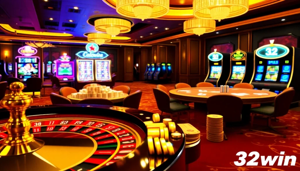 Gamblers enjoying a thrilling 32win casino experience at an elegant roulette table and poker setup.