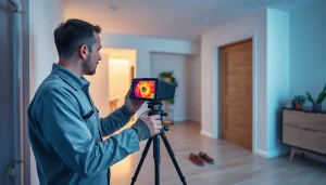 Technician performing hidden leak detection using thermal imaging technology in a residential property.
