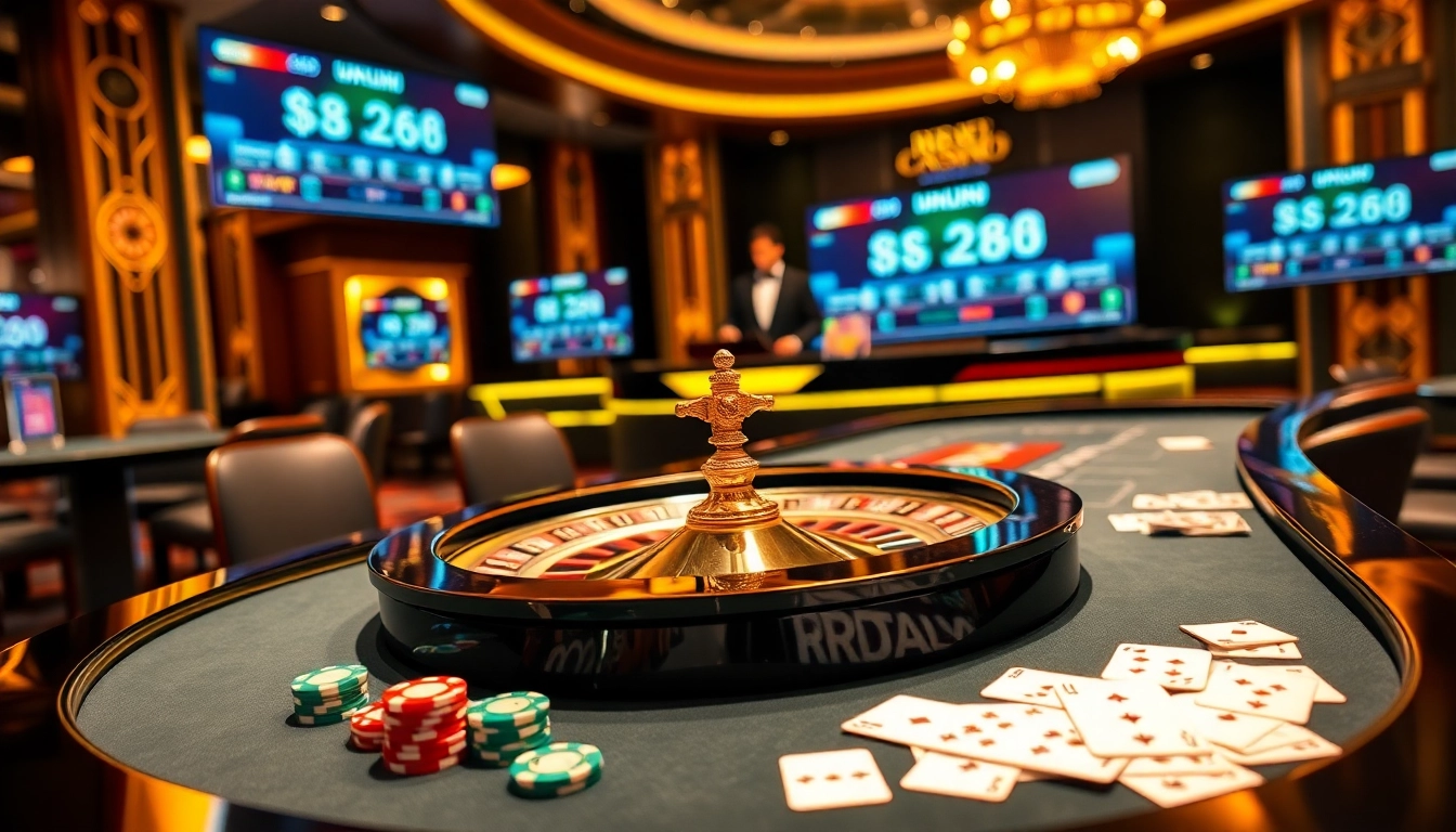 Experience the thrill of RR88 with a luxurious casino scene featuring roulette and poker action.