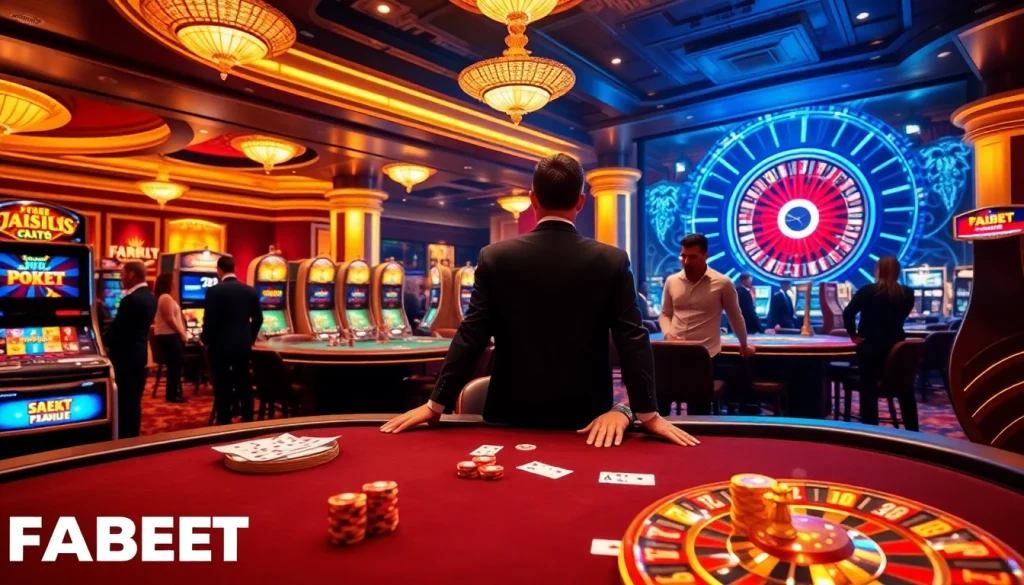Experience the thrill of FABET at a luxurious casino, with poker tables, vibrant slot machines, and roulette wheels.