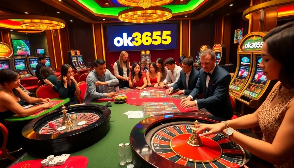 Engage with the exhilarating atmosphere at ok365's vibrant casino featuring players at gaming tables.