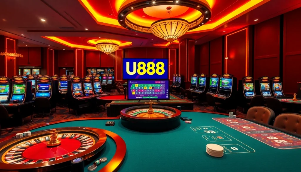 Experience the thrill of U888 online casino with interactive gaming tables and vibrant slot machines.