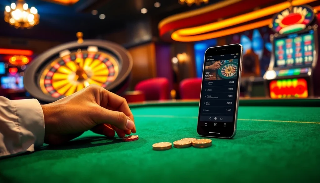 Engaging with 소액결제 during a thrilling casino game scene featuring a plush table and smartphones.