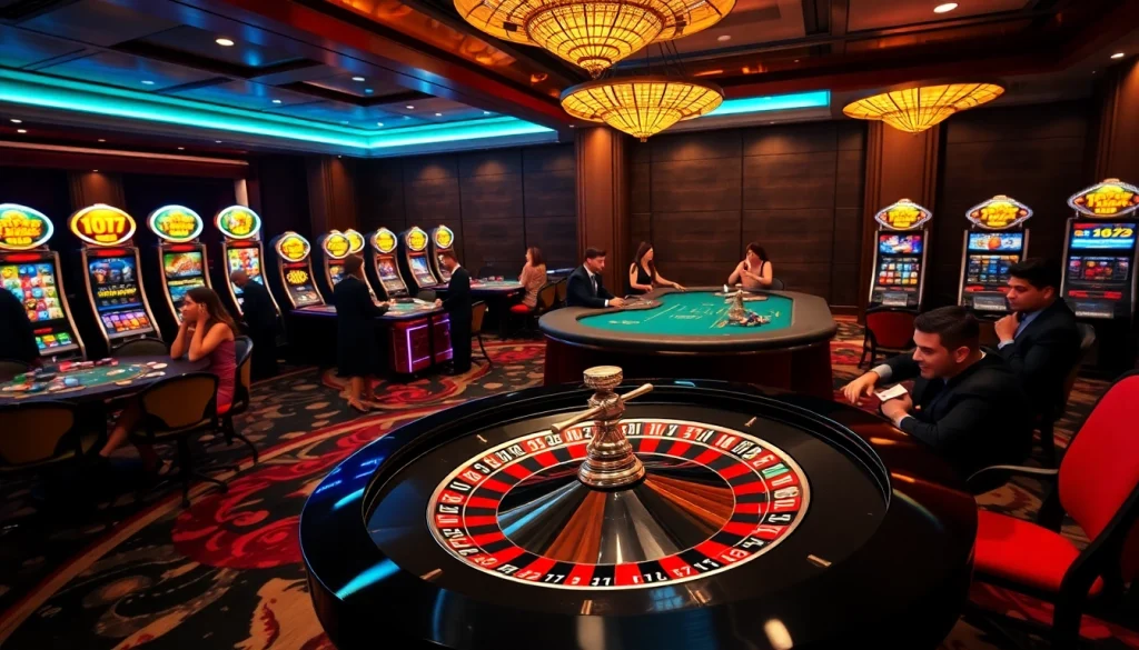 Exciting gaming experience at trang chủ PU88 with luxury casino tables and slot machines.