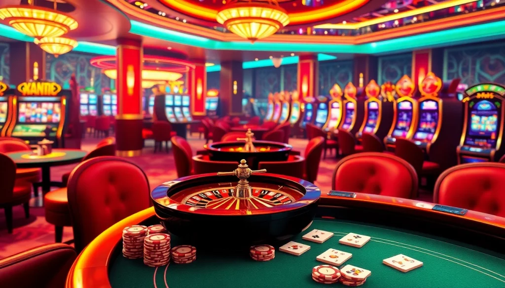 Experience the excitement of online gambling at https://tk88t.org/, showcasing vibrant casino elements like poker tables and roulette wheels.