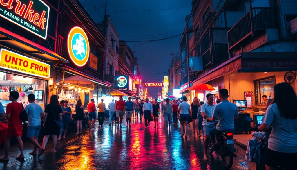 Explore the lively atmosphere of 다낭밤문화 in an exciting nightlife scene filled with neon lights and joyful crowds.
