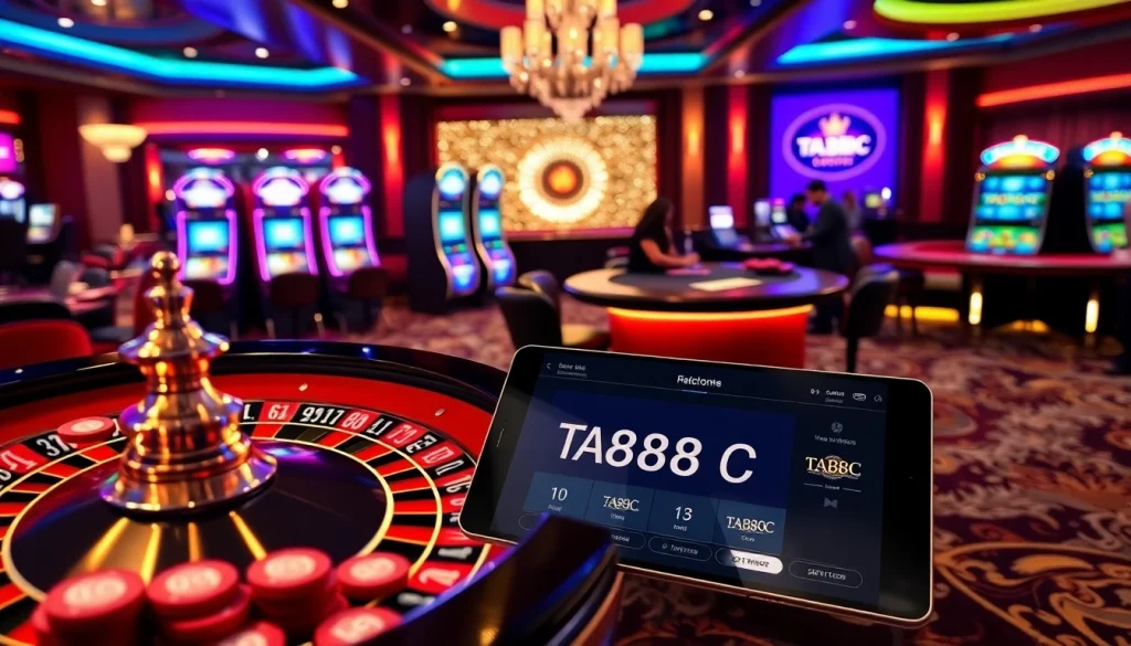Experience the excitement of ta88c with a vibrant casino scene featuring roulette and poker activities.