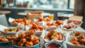 Delicious go wings spread with various flavors and sauces, perfect for delivery.