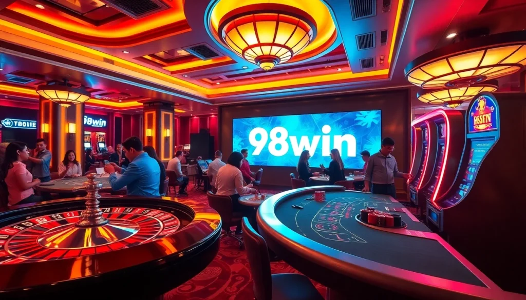 Players enjoying a thrilling casino experience with 98win branding prominently displayed on a slot machine.