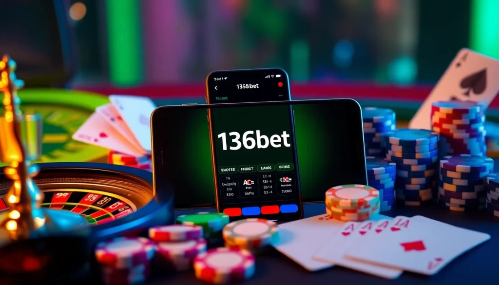 Experience the thrill of the 136bet App with poker chips and a roulette wheel in action.
