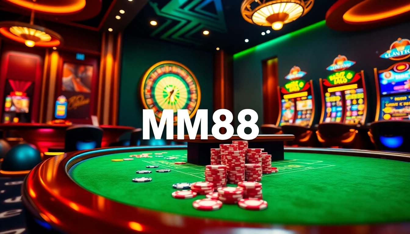 Play exciting casino games at MM88 featuring poker chips and roulette in a luxurious setting.