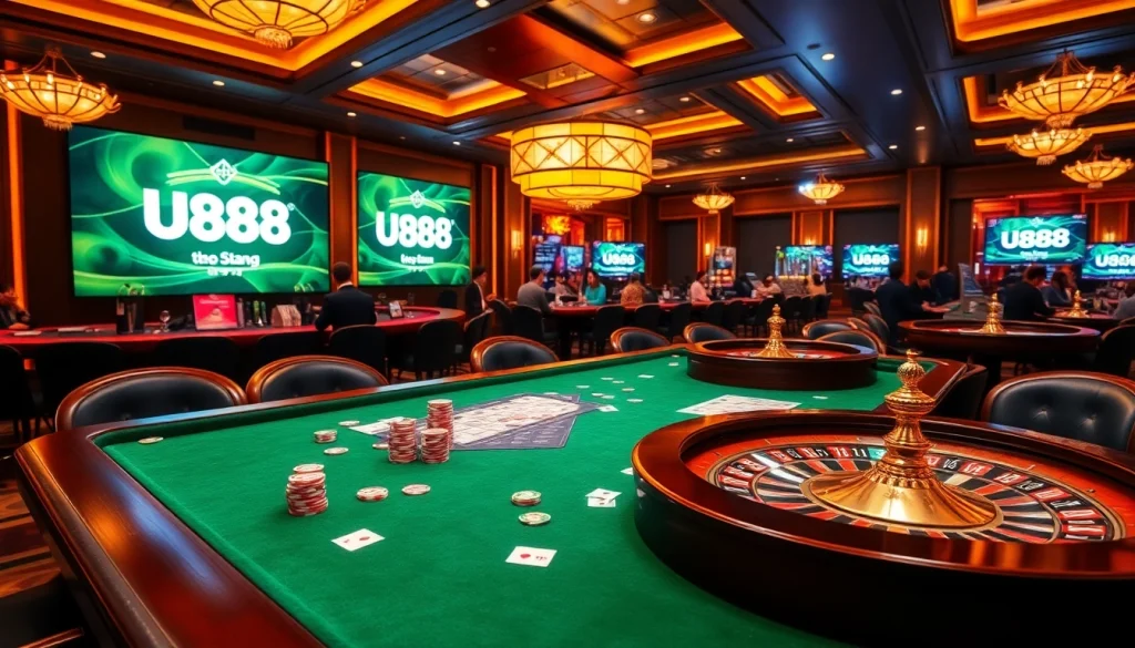 Experience the excitement of U888 with a vibrant casino scene showcasing gaming tables, cards, and chips.