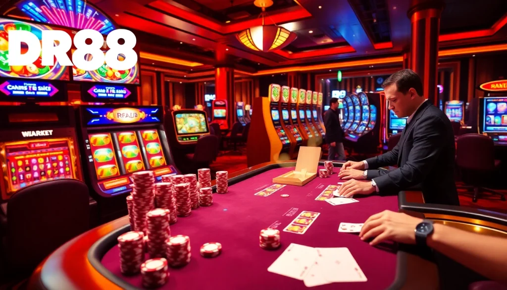 Experience the thrill of casino gaming with DR88's exciting atmosphere filled with poker chips and roulette.