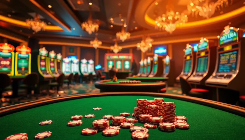 Players engaging with DR88 online casino games, surrounded by vibrant slot machines and sleek poker chips.