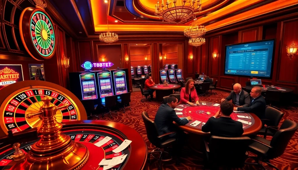 Engaging scene at F8BET showing players enjoying roulette and poker in a luxurious casino setting.