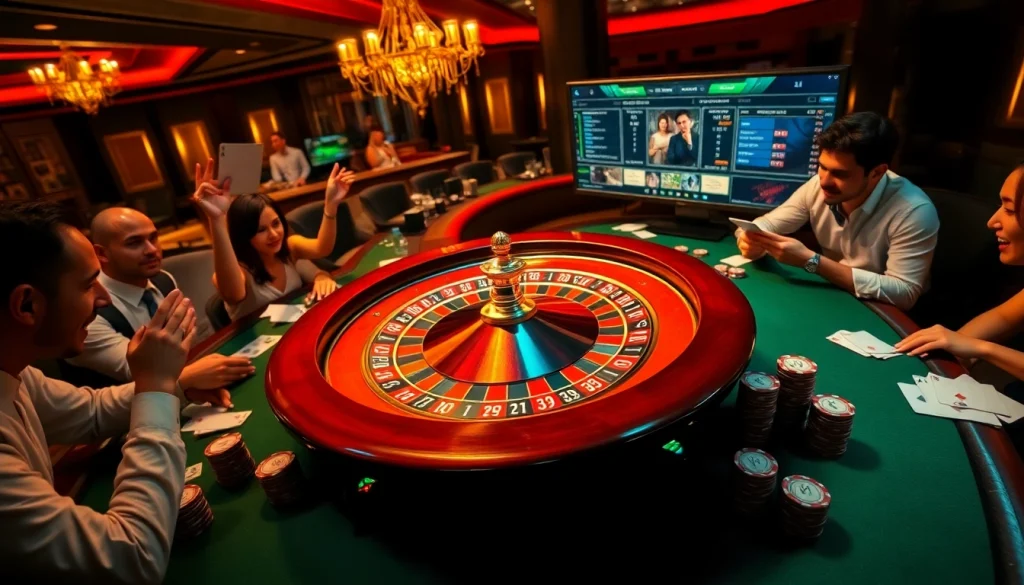 Exciting casino scene featuring MM88 with spinning roulette, poker chips, and players betting.
