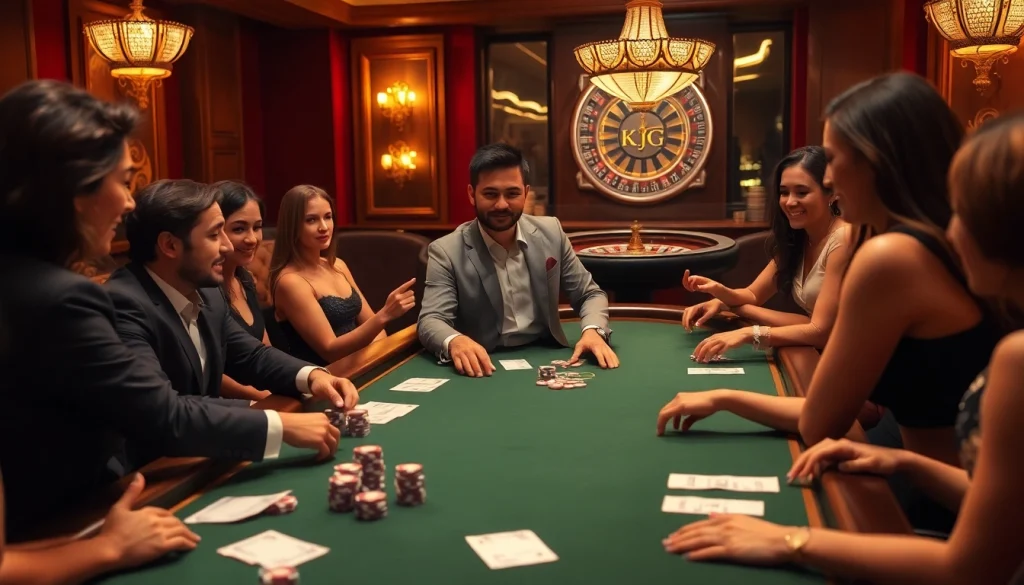 KJC poker players engaging at a luxurious casino table showcasing high-stakes excitement.