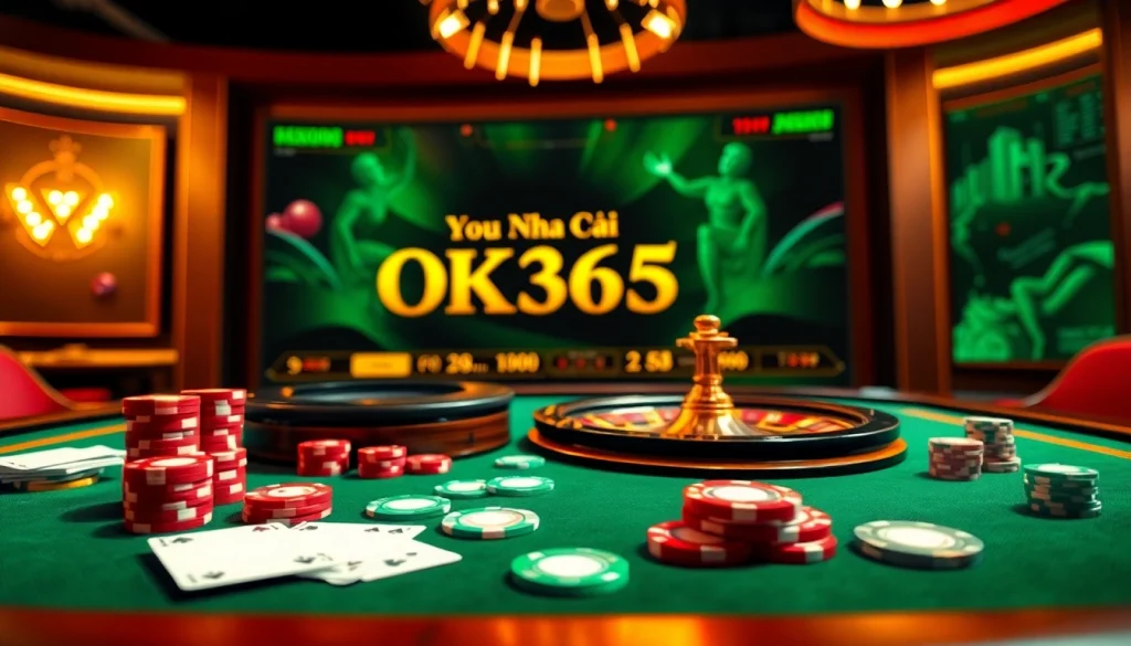 Engaging view of Nhà cái OK365 casino table with poker chips and roulette wheel, reflecting vibrant online gambling.
