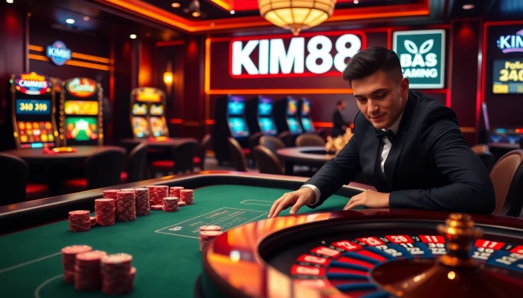 Experience the thrill of KM88 with an engaging casino scene featuring poker tables and slot machines.