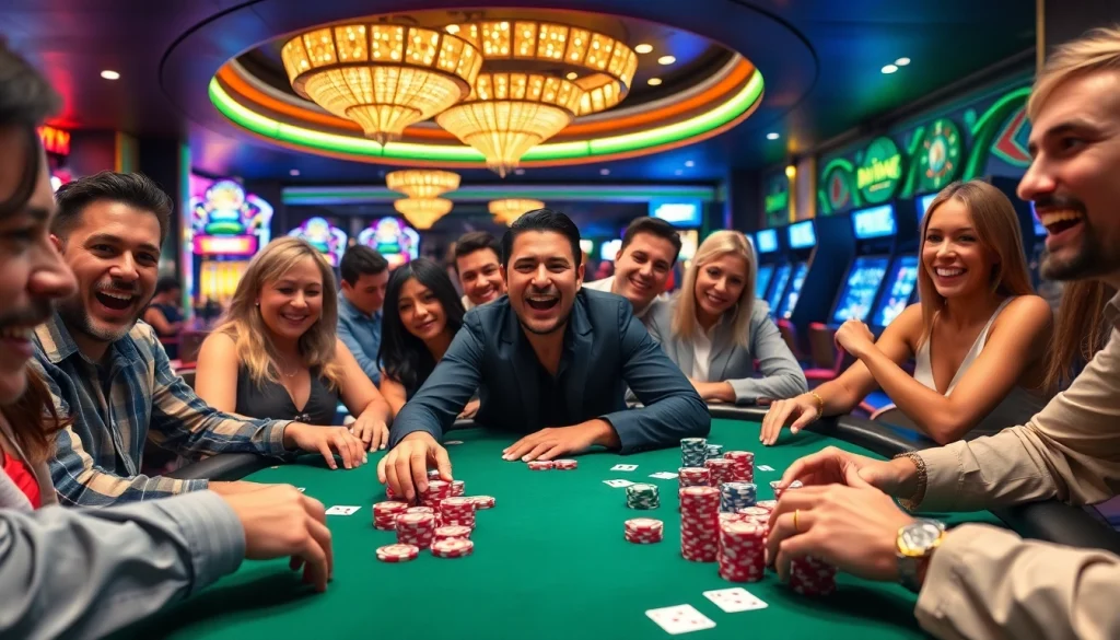 Players engaging in high-stakes poker at Gem88's vibrant casino, highlighting excitement and luxury.