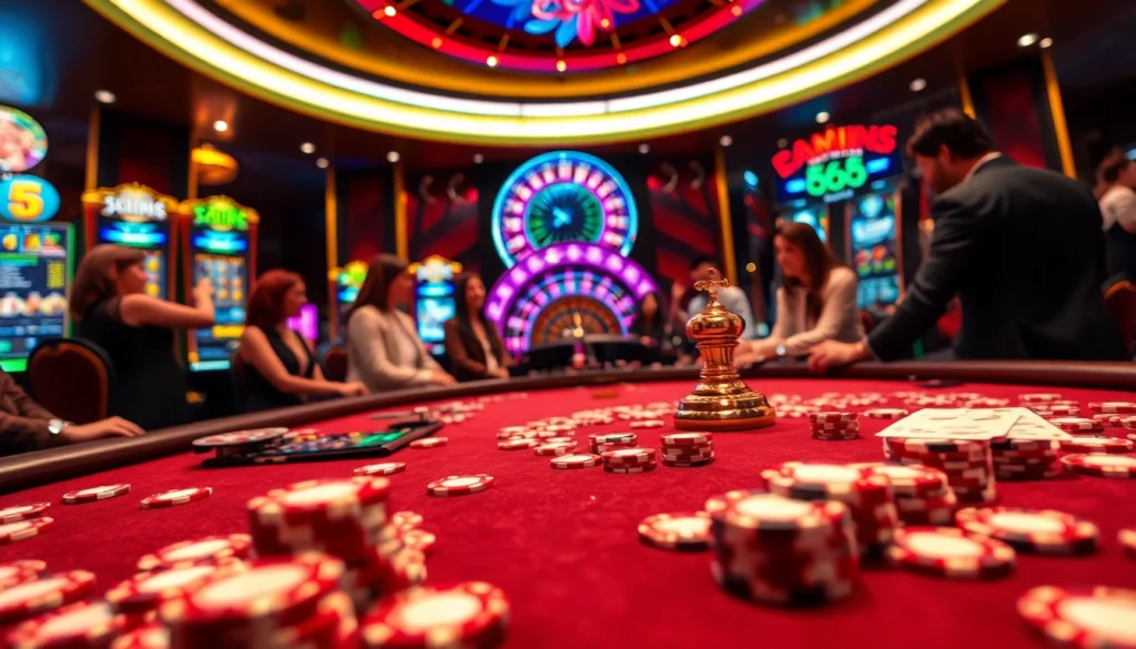 Players enjoying a high-stakes game at GG88.SHOP, surrounded by luxurious casino elements and vibrant lights.