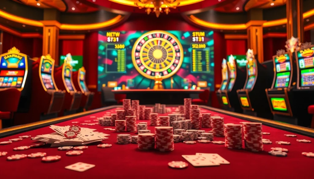 Engaging gambling scene showcasing Nhà cái NEW88, featuring casino tables, poker chips, and vibrant slot machines.