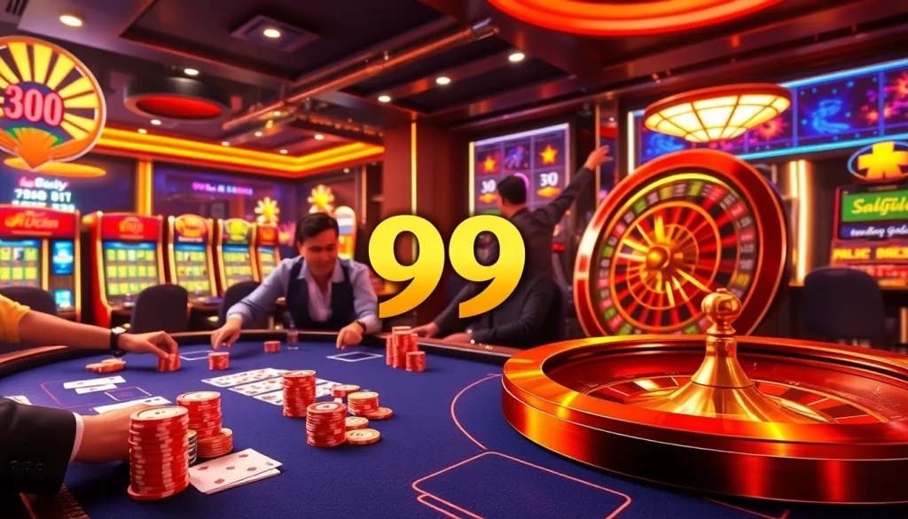 Players enjoying a thrilling game at 99 WIN casino, celebrating winning moments with colorful chips and cards.