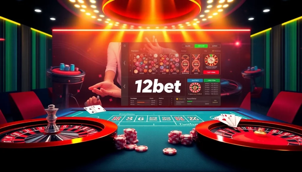 Engaging online casino interface showcasing 12bet with vibrant tables, cards, and chips.
