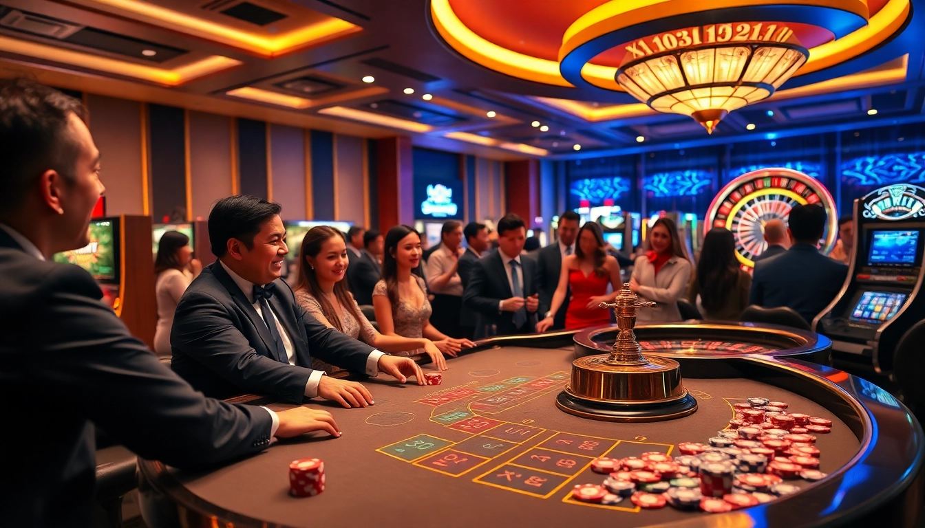 Players engaging in a thrilling game of blackjack at Nhà cái XX88, surrounded by colorful chips and slots.
