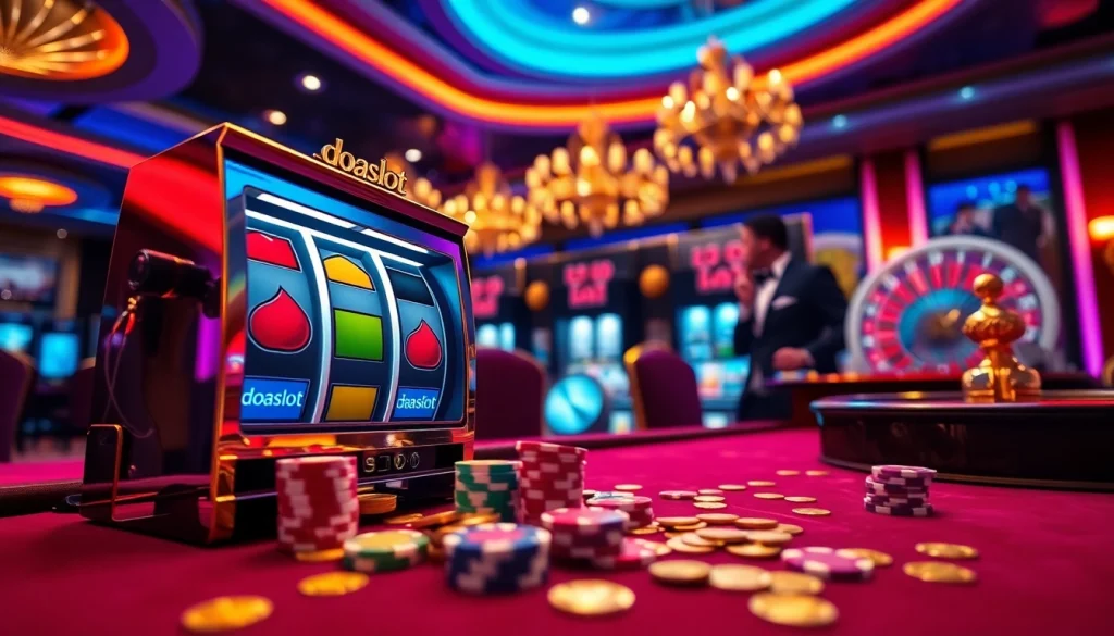 Engaged player winning on a luxurious doaslot slot machine amidst vibrant casino atmosphere.