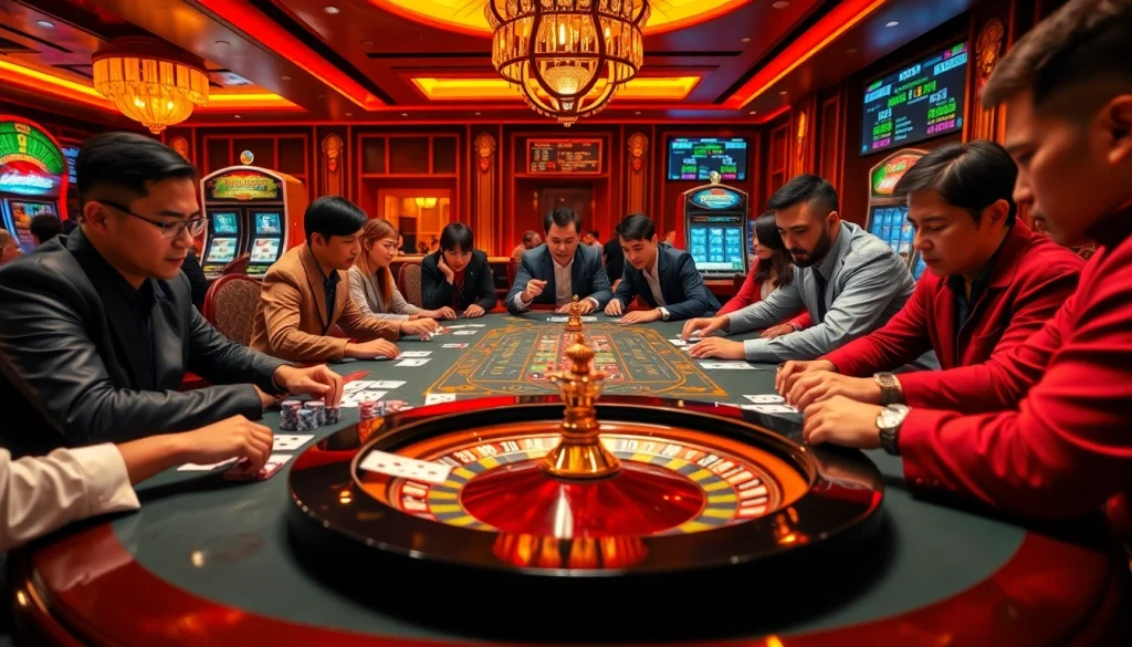 Engaged gamblers analyzing kèo nhà cái at a vibrant casino table, highlighting thrilling betting experiences.