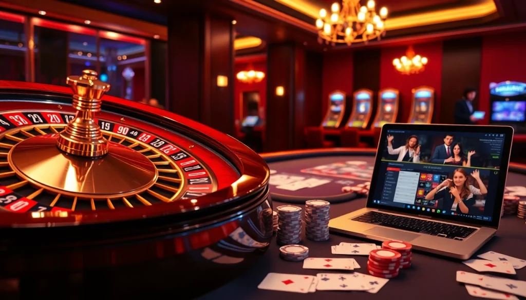 Experience the excitement of usbet with a vibrant online casino scene featuring roulette and poker elements.