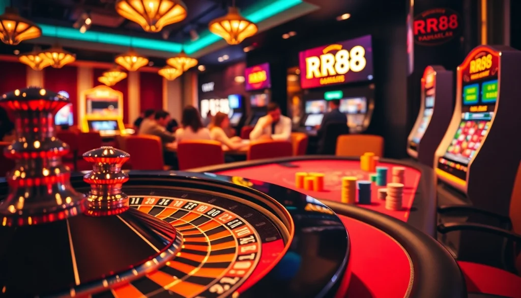Players enjoy an exciting game at the RR88 casino, showcasing poker chips and a roulette wheel.