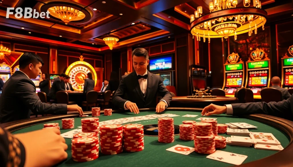 Sign up at F8bet: Experience thrilling poker games amid vibrant casino lighting.