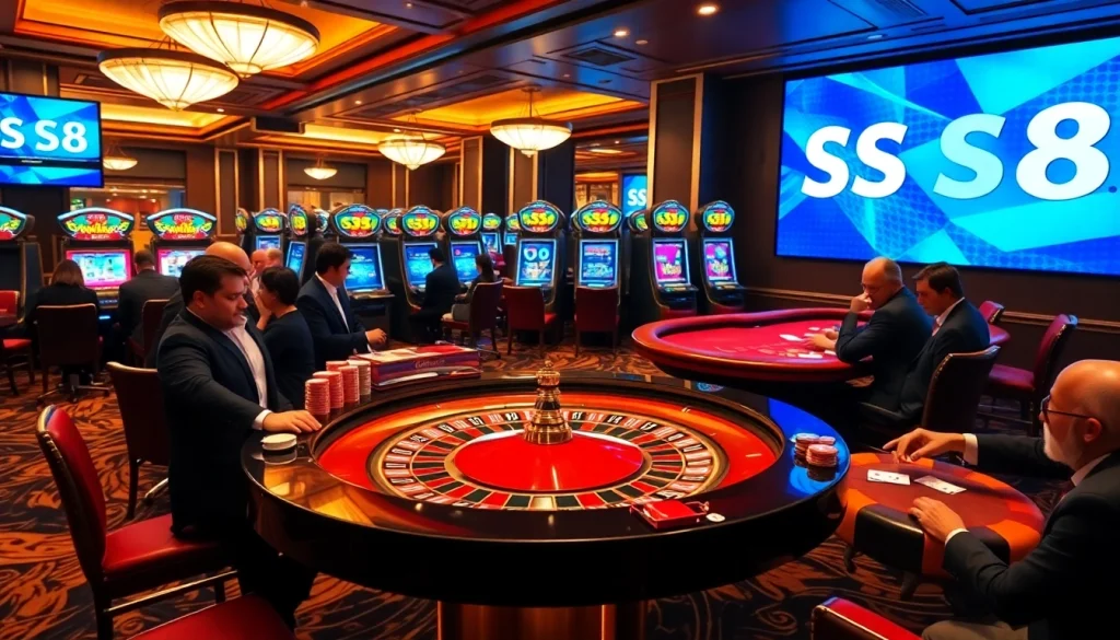 S8 logo shining amidst a lively casino scene with players at roulette and poker tables.
