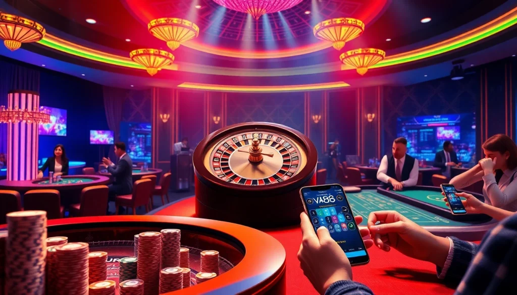 Experience the thrill of gambling at VA88 with a vibrant casino scene showcasing poker tables and a roulette wheel.