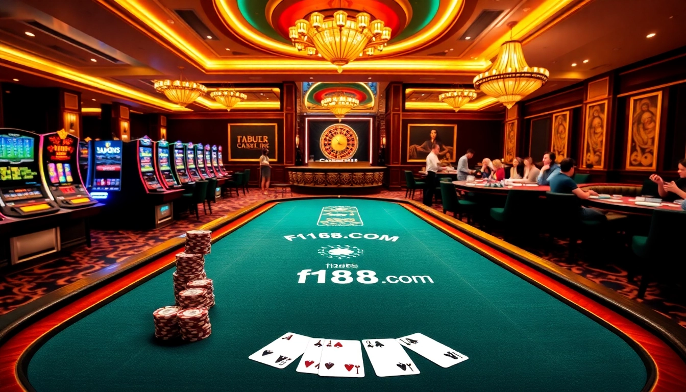 Exciting poker action featuring f168.com online gambling interface and vibrant casino atmosphere.