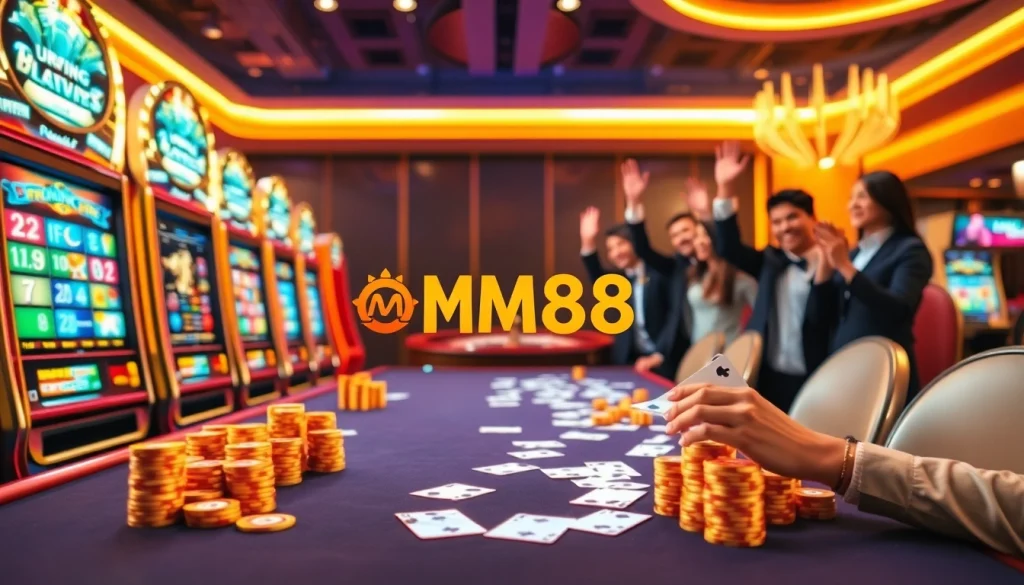 Exciting gambling atmosphere at MM88.in.net with vibrant casino tables, slot machines, and winning players.