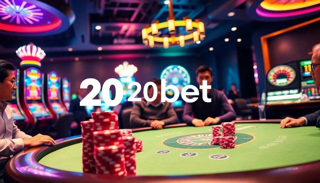 A vibrant casino scene showcasing the excitement of gambling with the 20bet App logo, featuring poker games and slot machines.