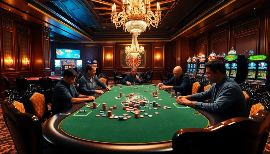 Experience thrilling gambling at Jun 88 poker tables with vibrant chips and a roulette wheel.