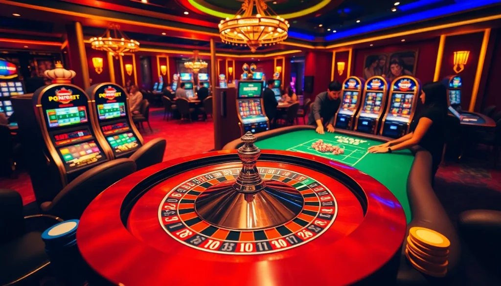 Experience thrilling gameplay at https://vb88.uk.net/ with engaging poker and roulette scenes in a luxurious casino setting.