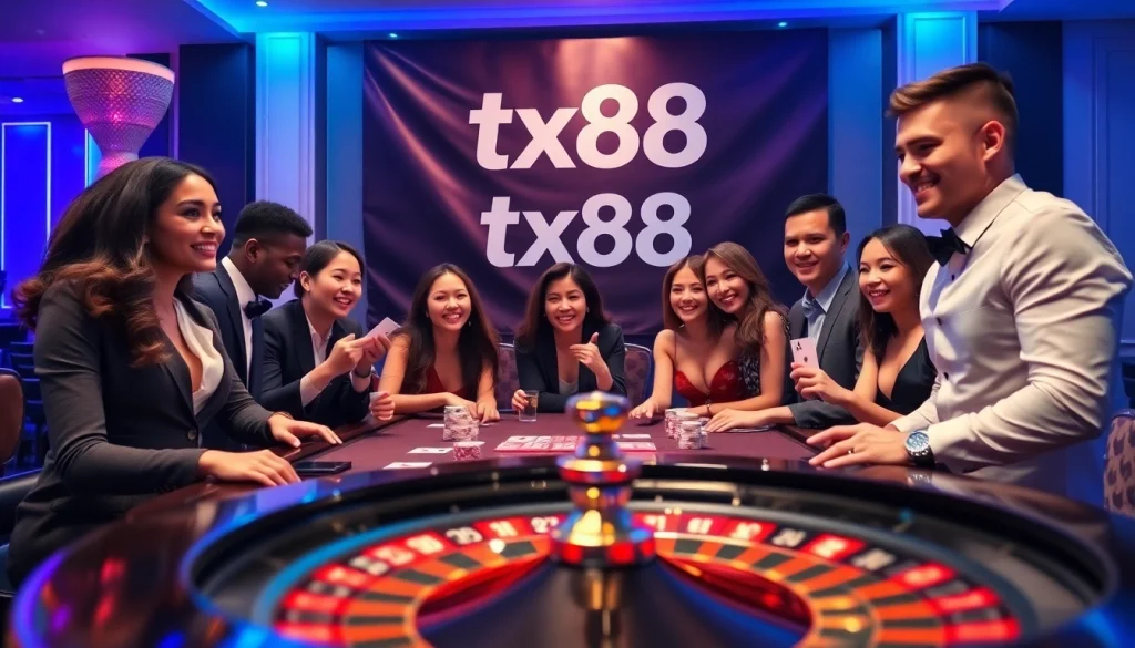 Exciting gamblers at a tx88 casino table, showcasing thrilling poker gameplay with vibrant action.