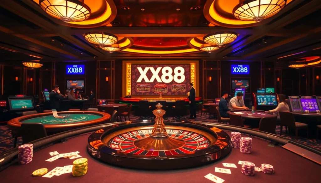 Players enjoying a thrilling game atmosphere at XX88 casino with vibrant roulette and poker tables.