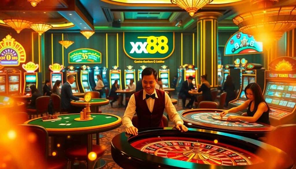 Experience the luxury of xx88 with vibrant casino tables and excited players enjoying thrilling games.