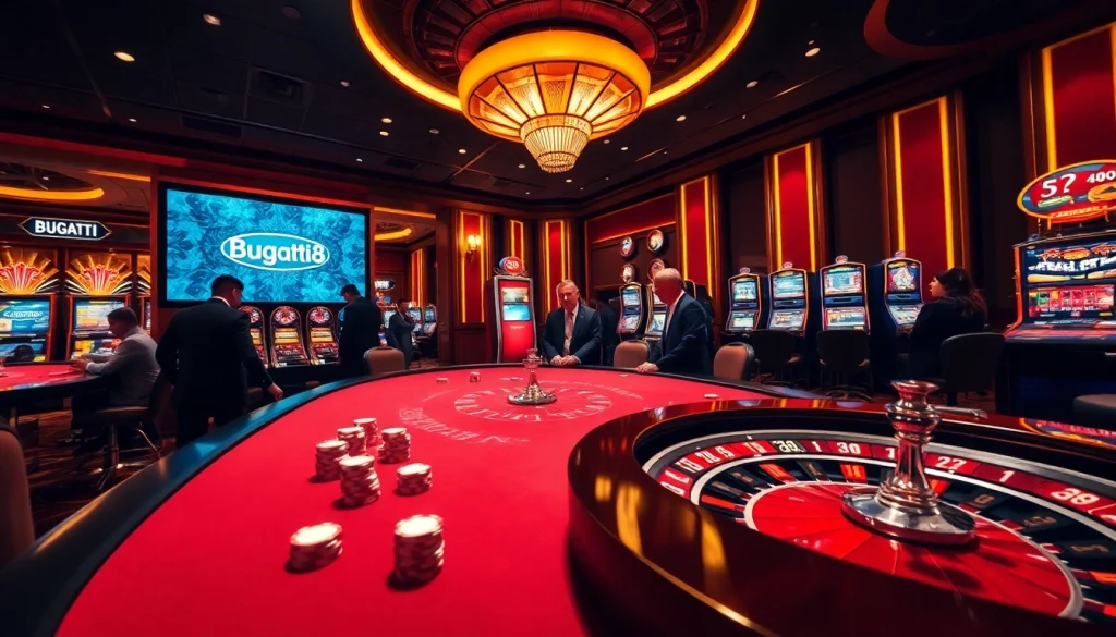 Experience the thrill of gameplay at Bugatti8 with vibrant casino ambiance featuring roulette and poker elements.