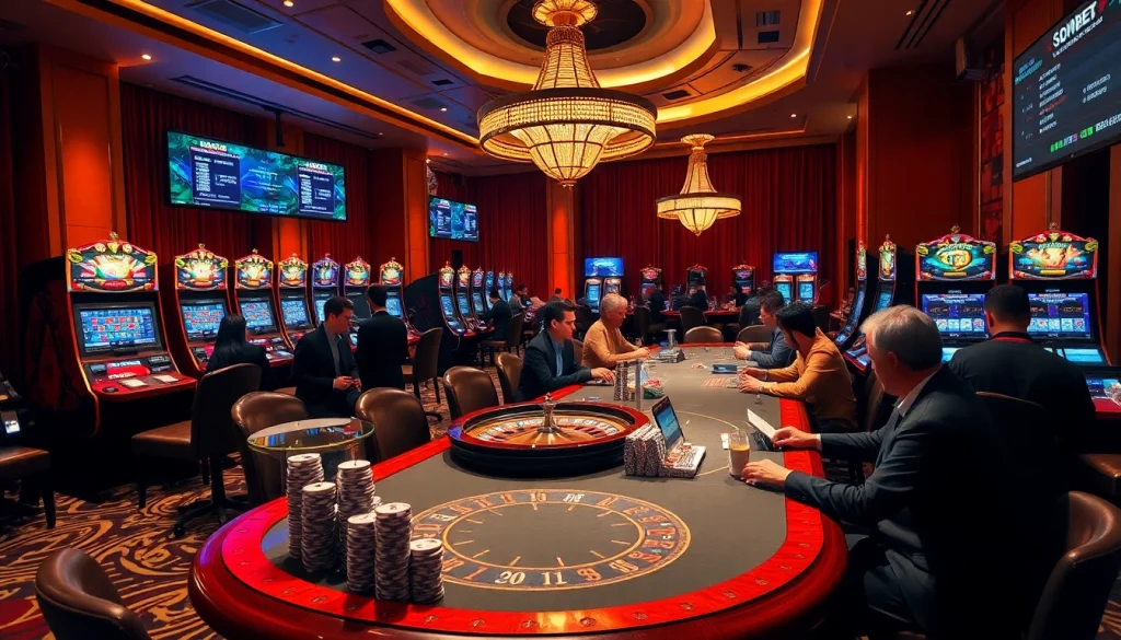 SBOBET live betting scene with engaged players, poker chips, and a roulette wheel.