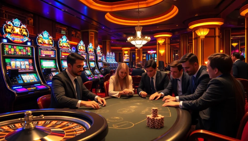 Experience the excitement at birutoto as players strategize at a poker table surrounded by vibrant slot machines.